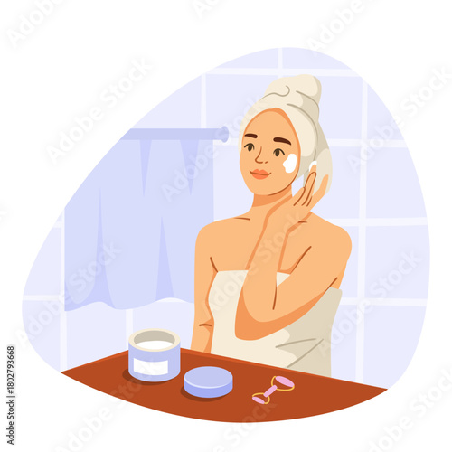 Woman in towel with hair wrapped, applying skincare cream in bathroom setting with products on table, self-care and beauty concept. Vector illustration