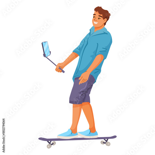 A smiling young man riding a skateboard while taking a selfie with his phone using a selfie stick, cartoon style on white background. Vector illustration