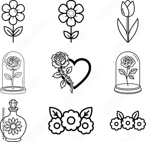 Cute Floral Love Collection Minimalist Line Art Icons. Simple flower, rose, heart, tulip, and potion line art icons for craft.
