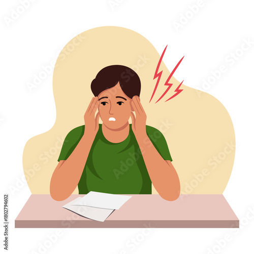 Man sitting at desk holding head with pain sign, flat style, beige background. Concept of stress, headache, anxiety. Vector illustration