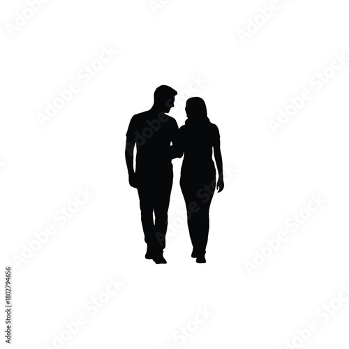 A silhouette of a man and a woman walking together with the man's arm around the woman's shoulder