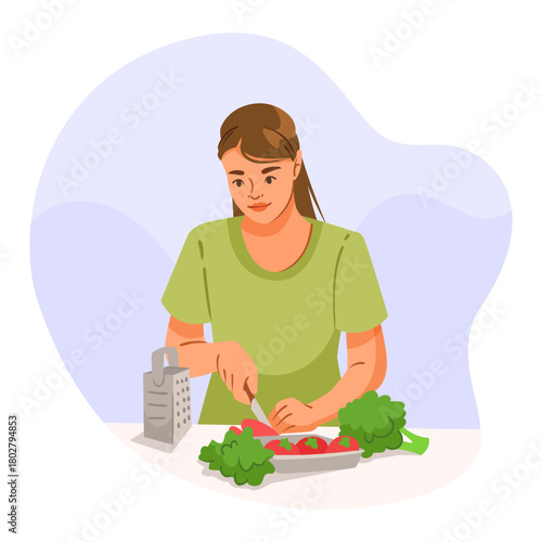 Woman slicing tomatoes beside greens and grater in flat cartoon style on abstract background. Concept of healthy cooking. Vector illustration
