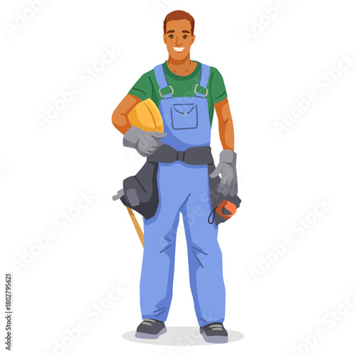 Male construction worker in blue overalls with tools, cartoon style, standing on white background. Concept of labor, trade, and safety. Vector illustration