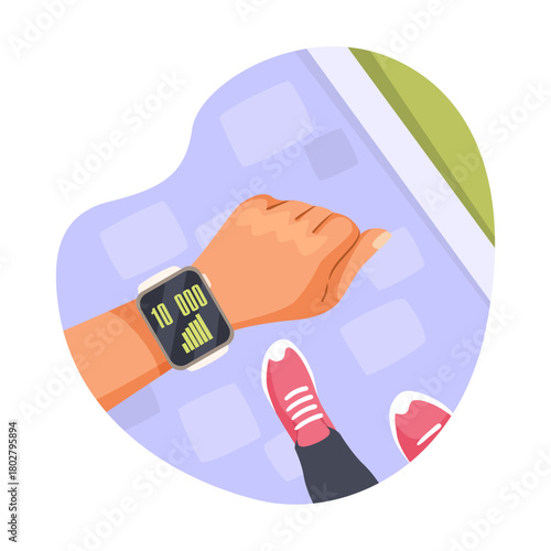 Person looking at fitness tracker on wrist showing 10, 000 steps, cartoon style on abstract background. Concept of health and exercise. Vector illustration