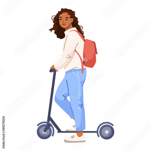 Girl with curly hair riding a kick scooter, casual outfit and backpack, flat cartoon style on white background. Concept of eco urban transport. Vector illustration