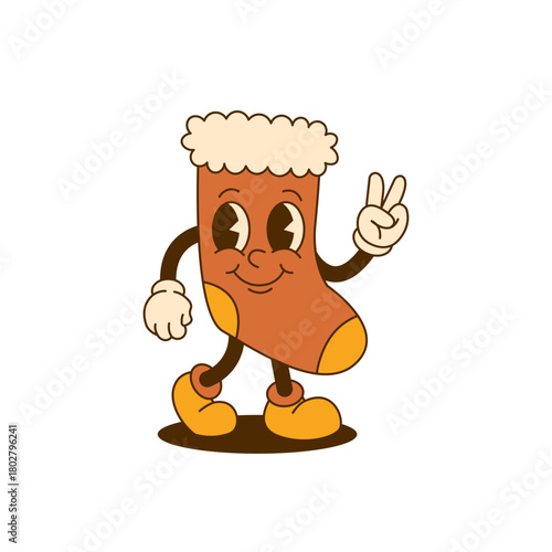 Groovy festive illustration of a smiling Christmas stocking character showing a peace sign, drawn in a retro holiday style on a clean white background, perfect for seasonal prints, stickers 
