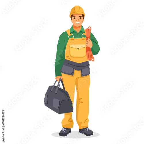 Male construction worker in yellow overalls and helmet, holding a rope and tool bag, standing and smiling on white background. Vector illustration