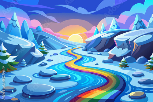 Icy blue river winding through snow with rainbow-colored pebble stones shining under soft winter sun