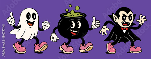 A Playful Trio Featuring a Ghost, a Cauldron, and a Vampire in Fun Groovy Style Set Against a Purple Background. Hallowen characters set