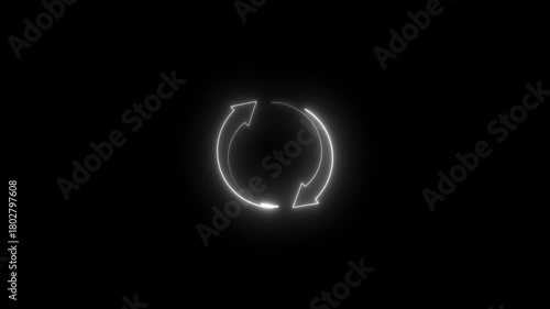 White Neon Circular Arrows Icon on Black Background for Refresh or Reload cycle