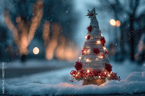 Fototapeta Naklejka Na Ścianę i Meble -  A small decorative Christmas tree made of twine and adorned with red flowers and lights, set against a snowy background with blurred street lights.
