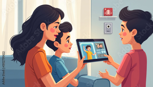 Family Monitoring Smart Home Security System Vector