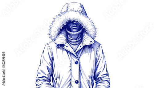 Vintage sketch of a person wearing a winter coat hood up  