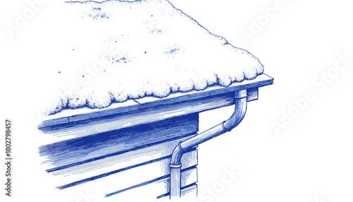 Vintage sketch of snow on gutter edge and roof in blue ink  