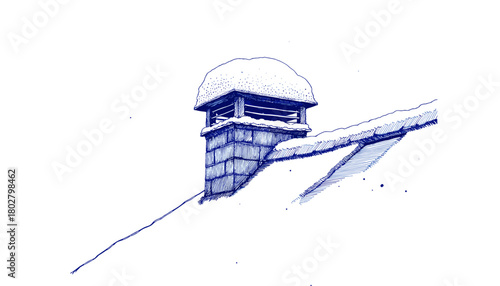 Vintage sketch of rooftop vent with snow in blue ink style  