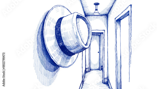 Vintage sketch with pen and blue ink of hat hanging in hallway  
