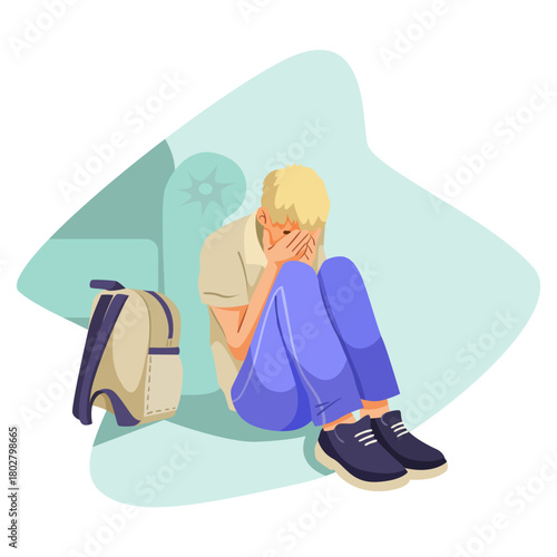 Upset boy sits on floor covering face with hands, backpack beside him, flat graphic style, light background. Concept of sadness. Vector illustration