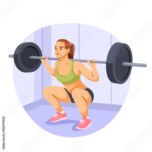 Young woman lifting barbell in squat position, cartoon style, indoor gym background. Concept of strength training and healthy lifestyle. Vector illustration