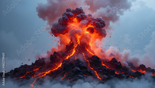 a dramatic scene of a volcanic eruption showcasing fiery lava flows and plumes of smoke and ash ascending into the cloudy sky