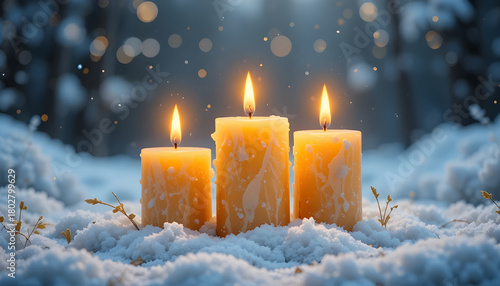 three golden candles glow warmly amidst a snowy landscape creating a peaceful and serene winter scene with soft light