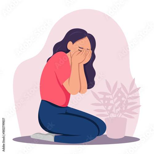 Woman kneeling down, covering face with hands, expressing sadness or anxiety in flat style, indoor background, concept of mental health. Vector illustration
