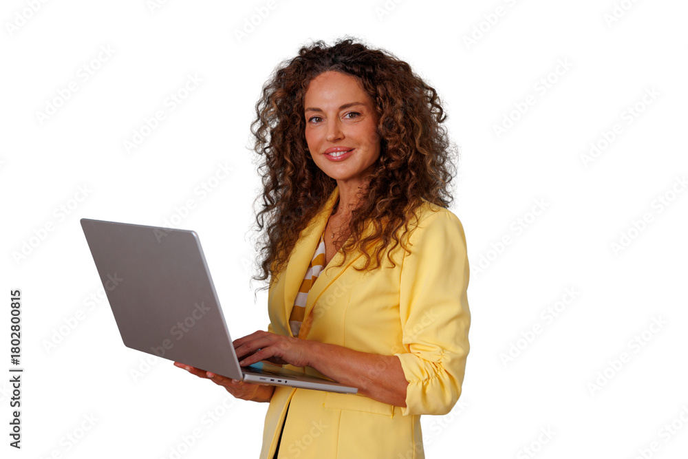 Naklejka premium Professional woman smiling, working confidently on laptop. Portrait of a happy businesswoman with curly hair on transparent background