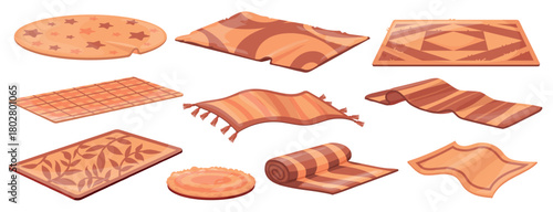 Cartoon wool carpets. Brown craft rugs, mat traditional flooring cozy home interior living room floor decoration oriental rug roll doormat soft carpet set, neat vector illustration