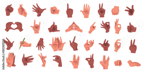 Cartoon hands language. Hand different gestures, open closed palm write pose fist punch grip heart gesture finger touch arm hold position human palms set classy vector illustration