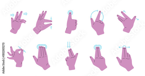 Touch screen gestures. Hand finger gesture for touchscreen phone sensory screen, fingers zoom click swipe pinch scroll left right slide mobile tap move classy vector illustration