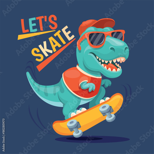 Dinosaur skater. Cool dino on skate, cute trex skateboard cartoon tyrannosaurus raptor character child apparel t shirt print design kid boy fashion clothes neat vector illustration