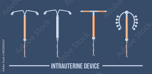 Iud types. Copper intrauterine contraceptive device, mirena coil iucd uterine implant placement hormonal birth control method contraception equipment set neat vector illustration