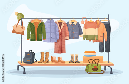Winter clothes rack. Fashion outfit on hanger rail, cold autumn spring season female male wardrobe coats woman bag secondhand store apparel warm wear shop neat vector illustration
