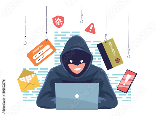 Hacker phishing attack. Cybersecurity threat cybercrime, cyber thief in hood at laptop fraud hack computer security unauthorized access website data scam classy vector illustration