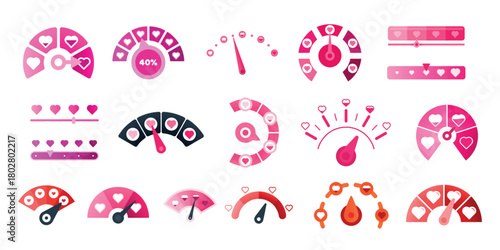 Love meters. Heart level scale cartoon indicator, valentine day ui romantic design test gauge measure arrow rate loading progress bar, infographic icons kicky vector illustration