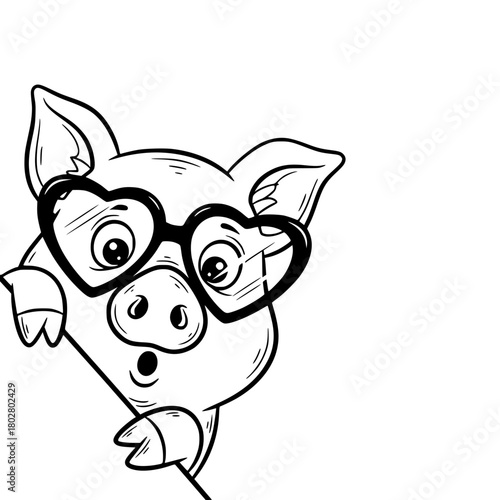A charming pig wearing heart-shaped glasses peeks around the corner, exuding innocence and playfulness, against a clean background, capturing the pure joy and curiosity. vector illustration