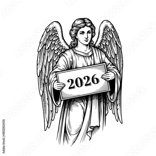 An angelic figure holds a sign bearing the year 2026, a vision of the future. The image is rendered in grayscale, conveying a sense of timelessness and mystery. vector illustration