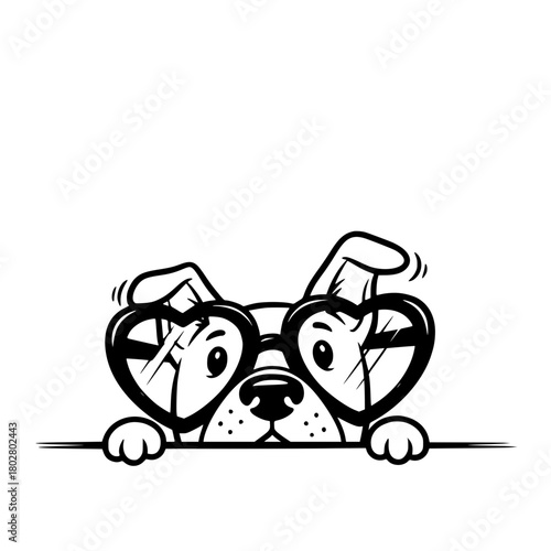A charming bulldog puppy, wearing heart-shaped glasses, peeks over an unseen surface, exuding playful curiosity and endearing personality. vector illustration