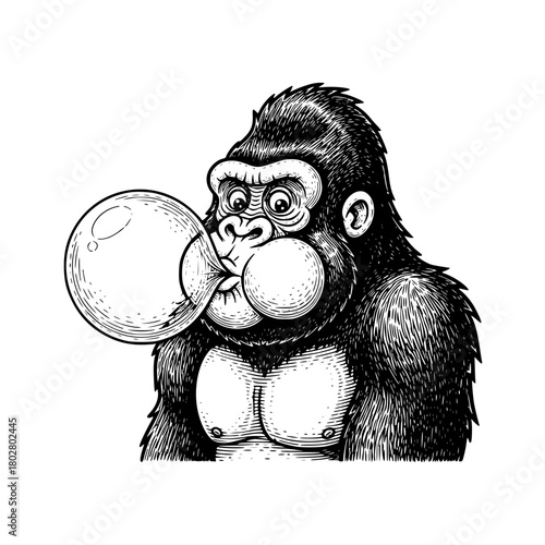 A surprised gorilla blows a giant bubble of chewing gum, showcasing its unexpected playful side. A captivating illustration filled with surprise. vector illustration