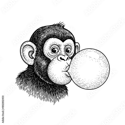 A playful chimpanzee blowing a bubble, a charming depiction perfect for illustrations.  vector illustration