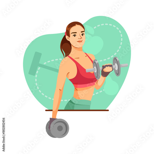 Fit woman exercising with dumbbells in gym attire, flat style on abstract green backdrop, concept of strength training and fitness. Vector illustration