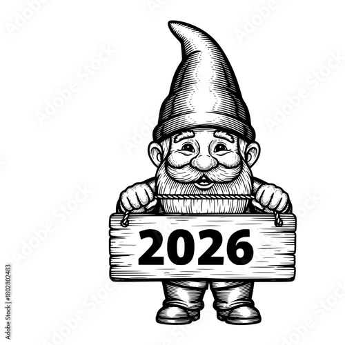 An illustrative artwork of a garden gnome displaying the year 2026 on a wooden sign. The gnome, with its classic pointed hat and bushy beard, stands proudly. vector illustration