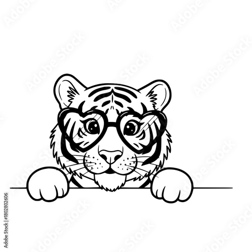 A charming tiger wearing heart-shaped glasses peeking over a blank space, rendered in a striking black and white style. vector illustration