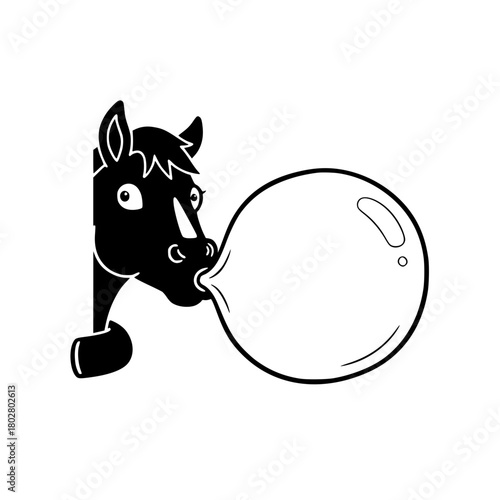 A whimsical illustration of a horse blowing a bubble gum bubble, with a captivating expression, showcasing a lighthearted moment of playfulness. vector illustration