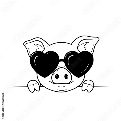 An adorable piglet wears heart-shaped sunglasses, radiating cuteness and charm with a touch of whimsy.  vector illustration