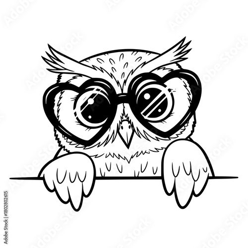 An adorable cartoon owl wearing heart-shaped glasses looks out with innocent eyes, bringing a smile to your face with its charming demeanor. vector illustration