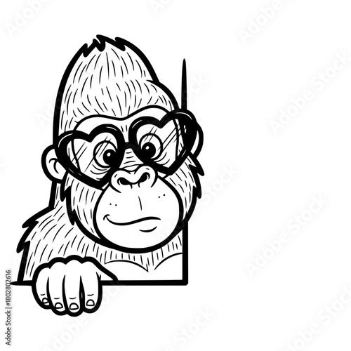A thoughtful gorilla, adorned with whimsical heart-shaped glasses, gazes inquisitively, peering from behind a corner. vector illustration