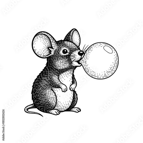 A whimsical mouse, joyfully blowing a bubble, a charming display of innocent amusement. vector illustration