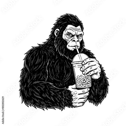 An illustration of a gorilla enjoying a refreshing bubble tea drink. The artwork captures the gorilla's intense gaze and its relaxed demeanor.  vector illustration