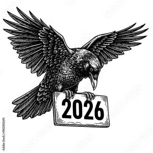 A meticulously crafted grayscale illustration portrays a raven clutching a sign bearing the number 2026, set against a blank backdrop. vector illustration