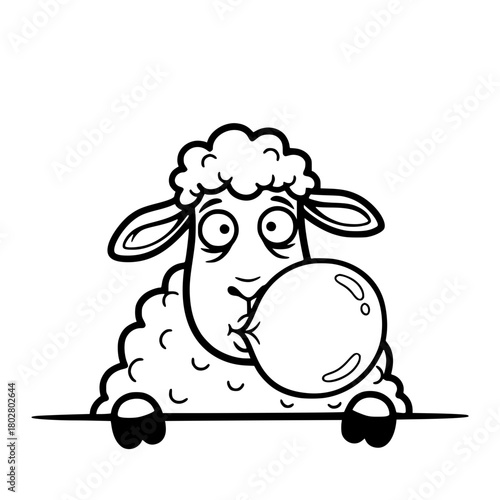 An expressive cartoon sheep blows a huge bubble, in a playful and creative line art.  vector illustration